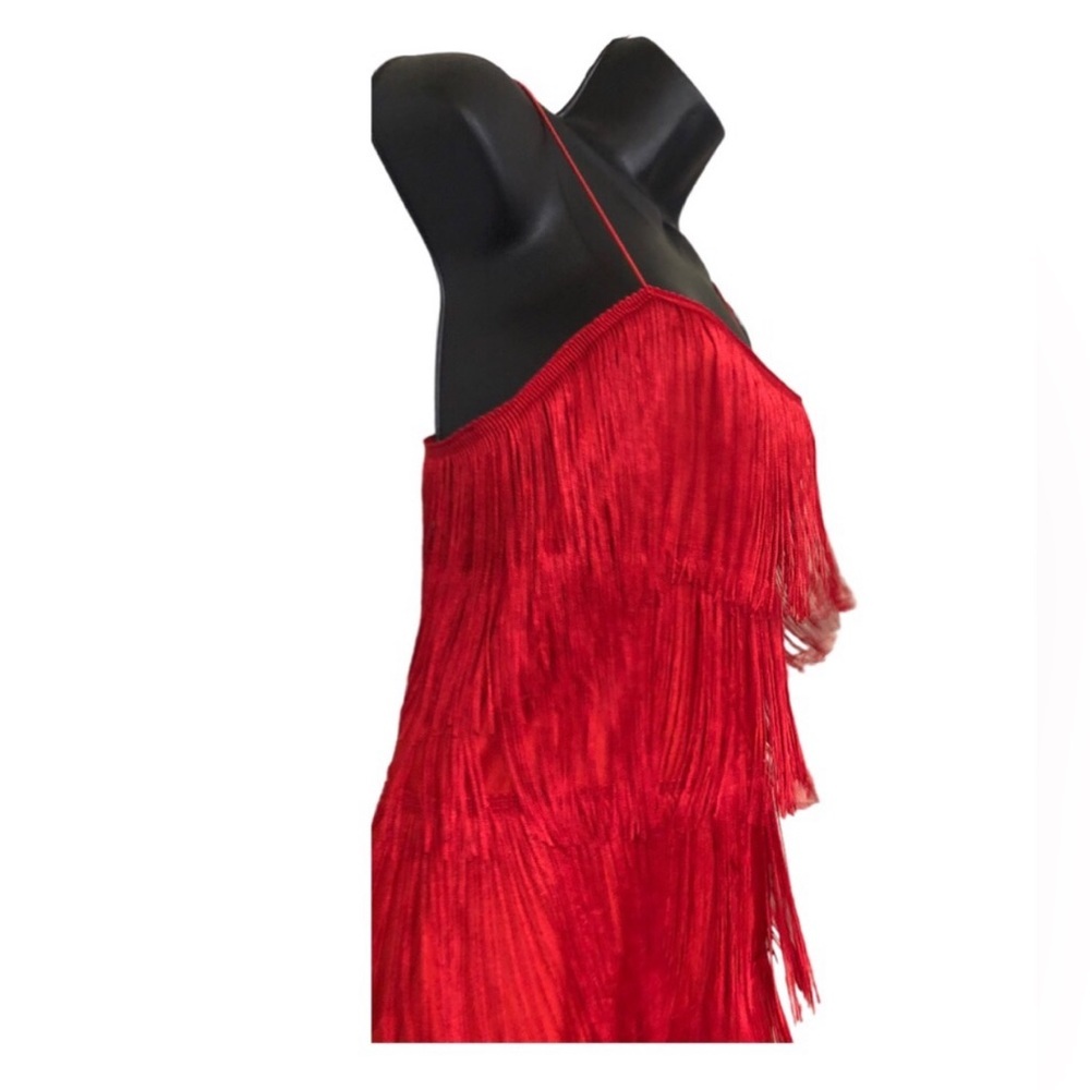 Red shimmy layered fringe spaghetti strap dress size large‎ new